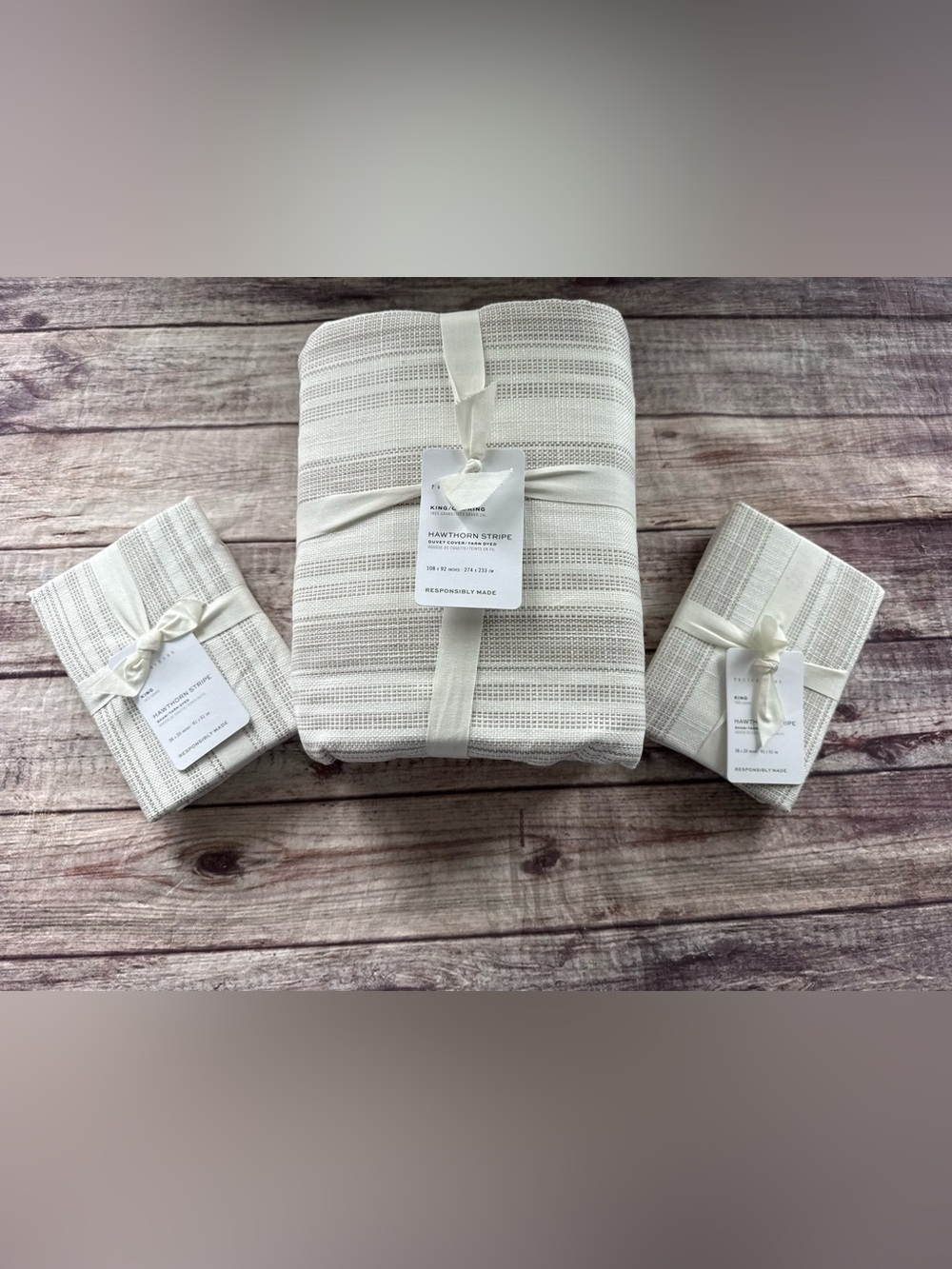 POTTERY BARN HAWTHORN STRIPE COTTON KING DUVET COVER 2 King Shams Taupe NEW